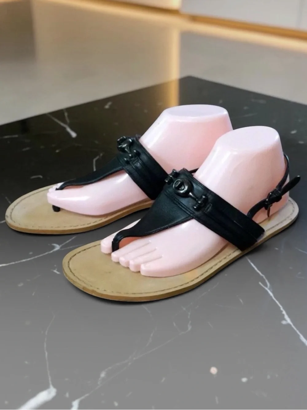 Coach Candice Turnlock Black Leather T-Strap Thong Sandal With Small Heal